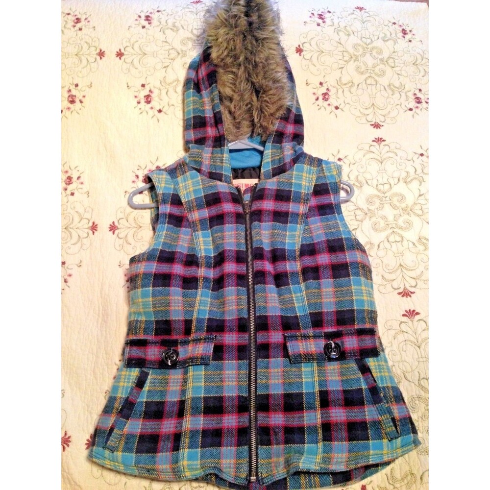 Mossimo Supply Co. Ladies Woman Plaid Size Small Hoodie Vest w/Faux Fur Hood